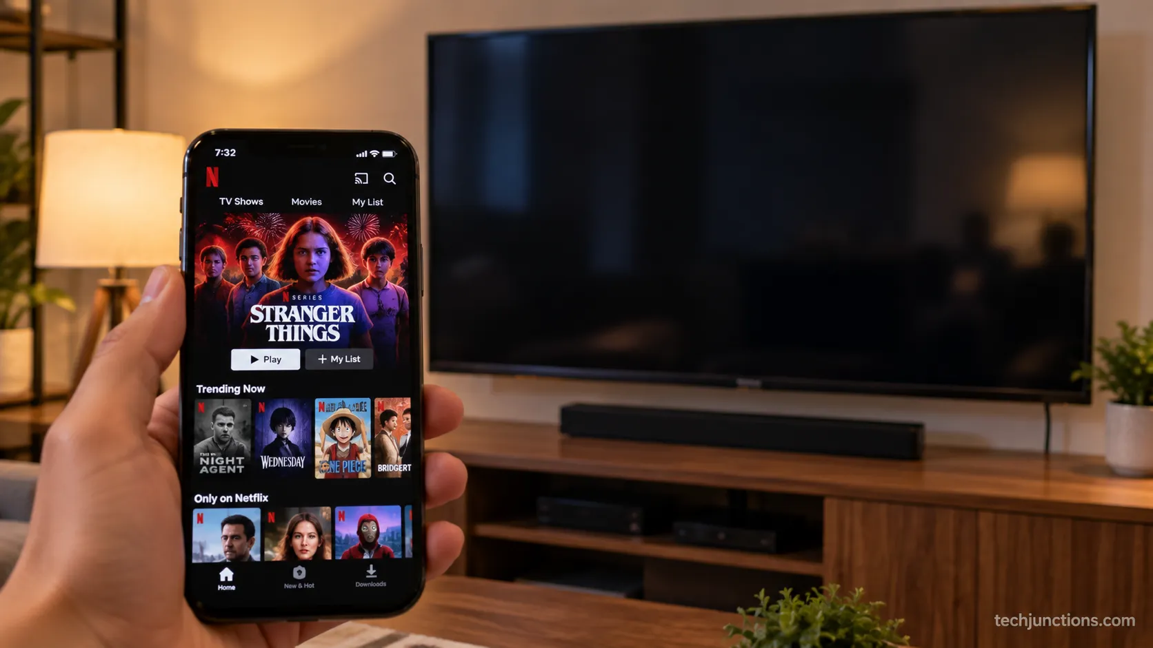 Phone playing Netflix normally in front of a Samsung TV showing a black Netflix screen during an isolation test.