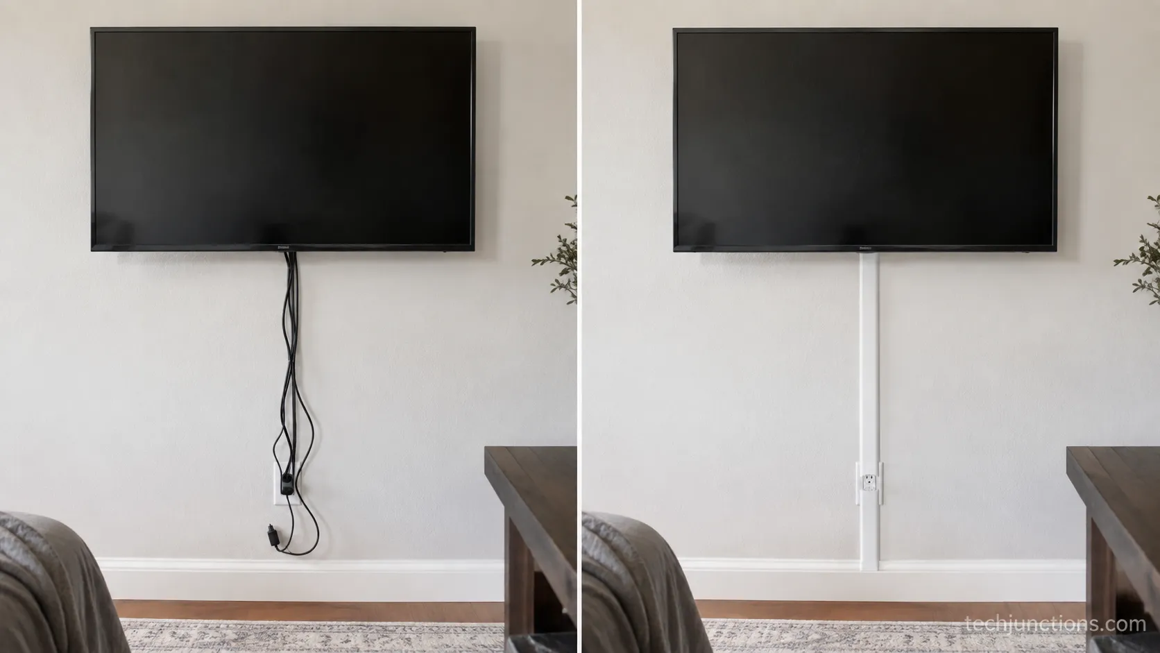 Before and after of a slim paintable raceway hiding cables under a wall-mounted Samsung QLED on a rental wall