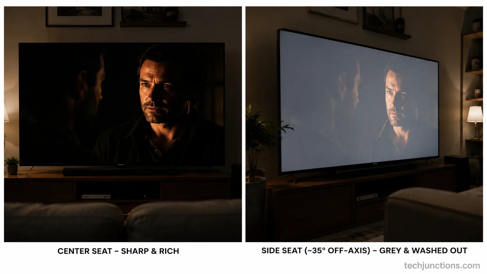 Same TV scene sharp from center and washed out from a 35 degree side angle.