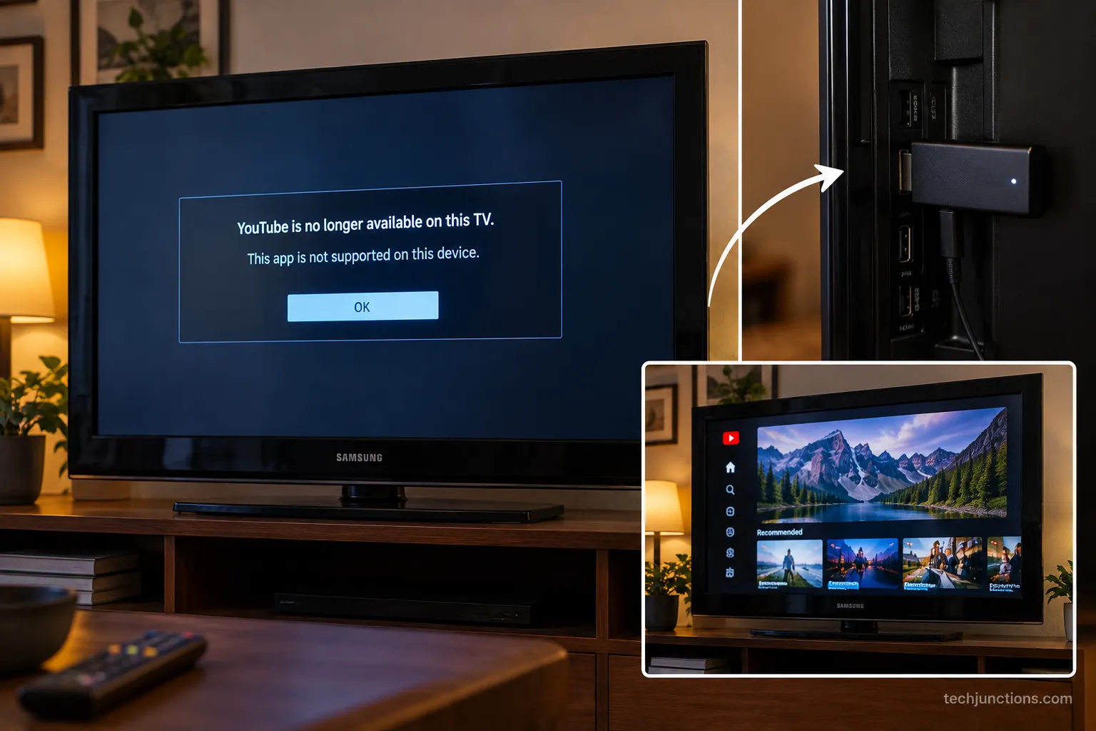 Streaming stick restoring YouTube on an older Samsung TV that lost app support