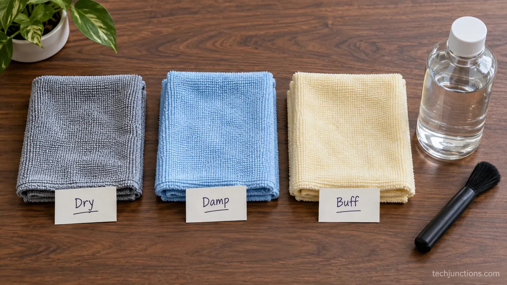 Three microfiber cloths and a bottle of distilled water laid out to clean an LG OLED TV.