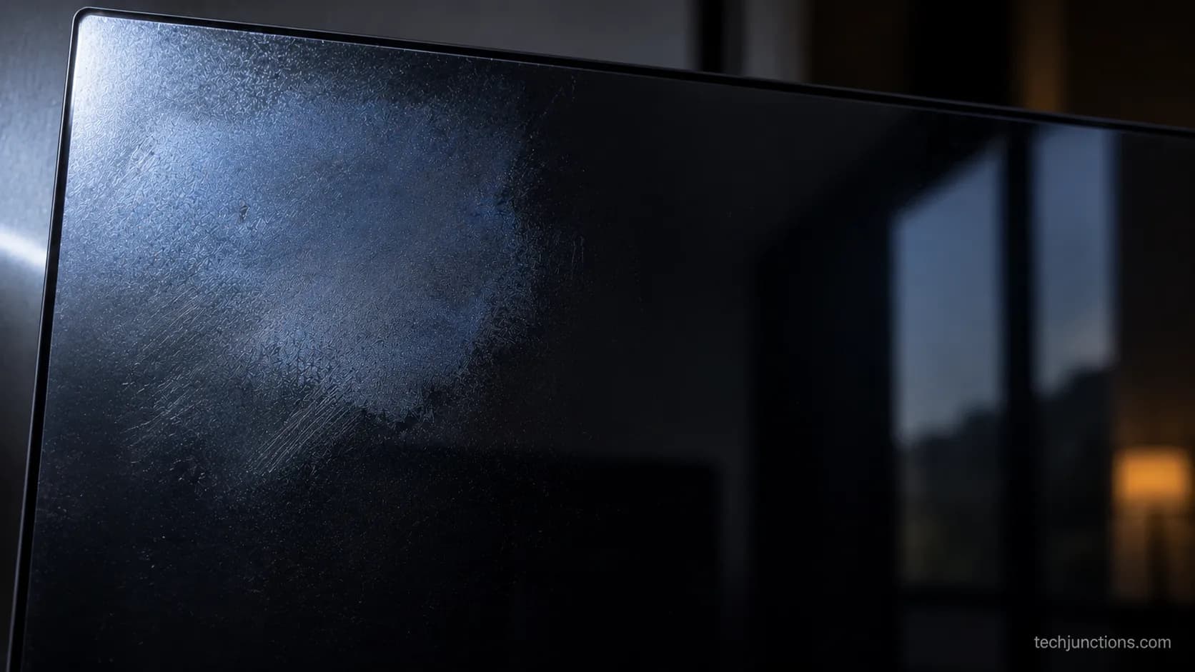 Dull hazed patch on an OLED panel after wiping with alcohol.
