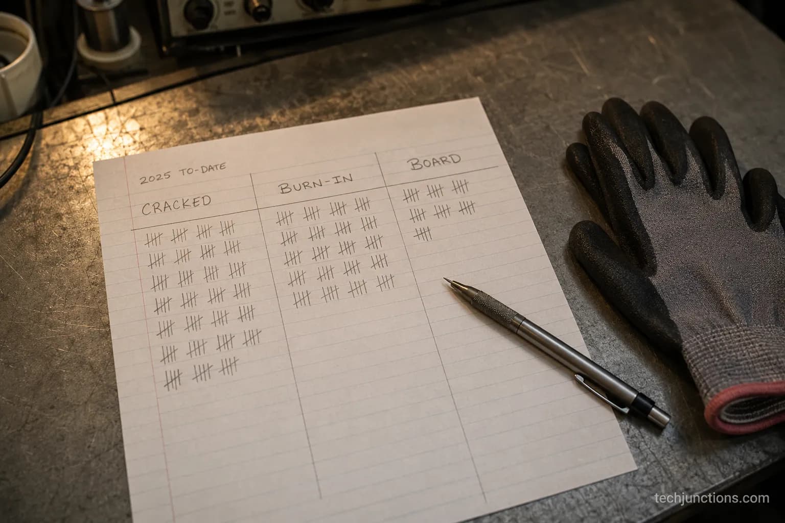 Repair-bench tally sheet sorting OLED TV failures into cracked, burn-in, and board columns.