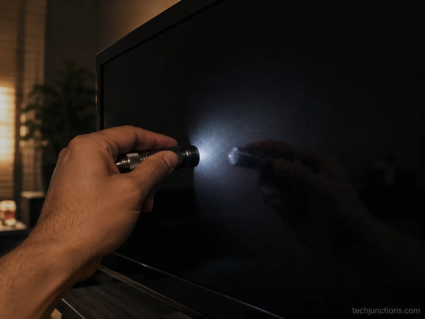 Flashlight held against a dark powered-on OLED screen to triage a screen fault.