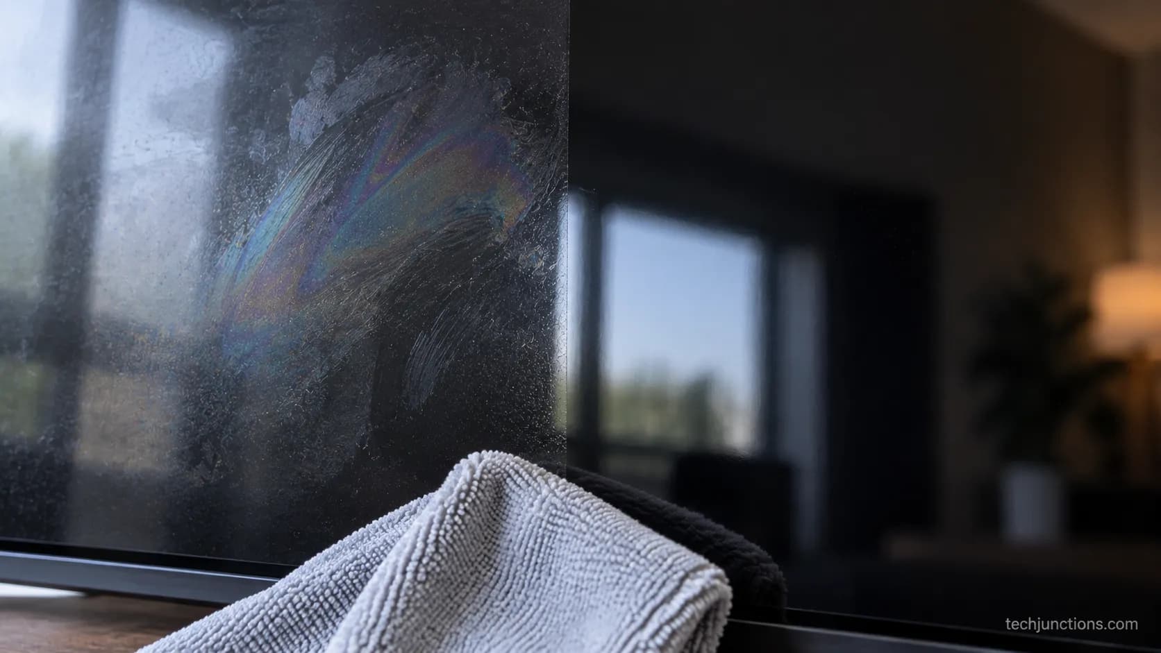 Oily blotch on an LG OLED screen before and after a dry buff