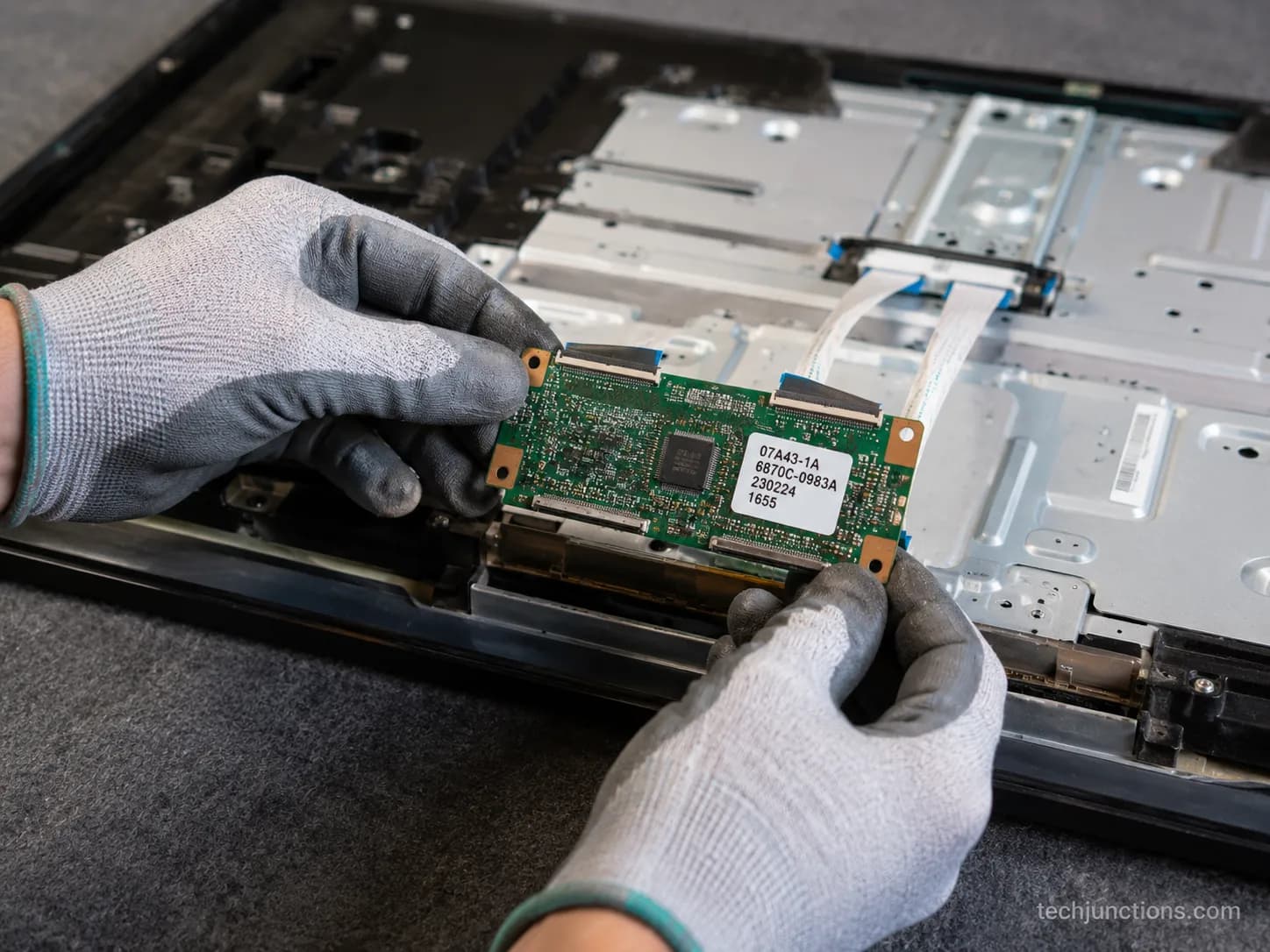Gloved hands lifting a T-Con board from the back of an opened OLED TV.