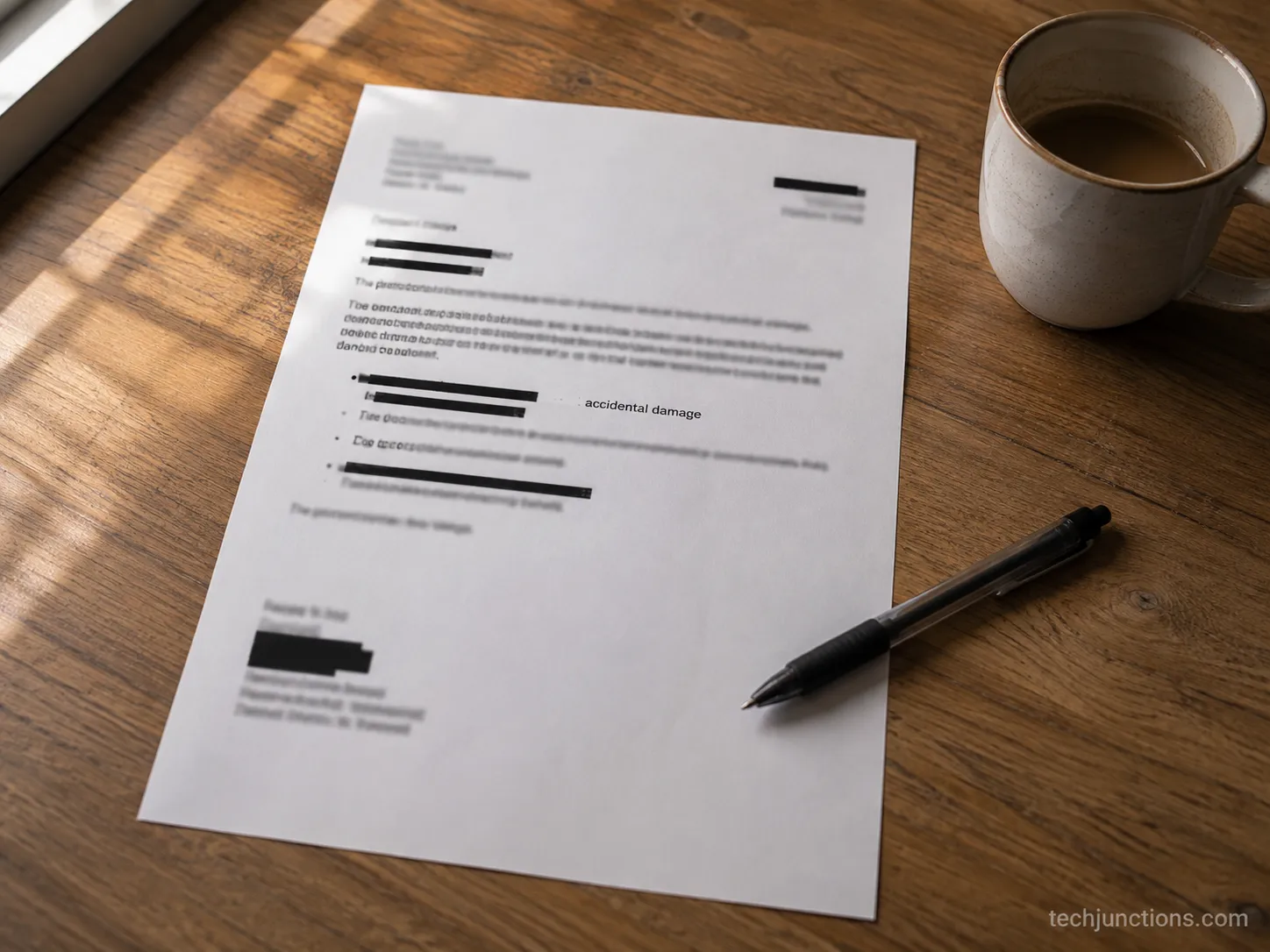 Redacted warranty denial letter on a desk citing accidental screen damage