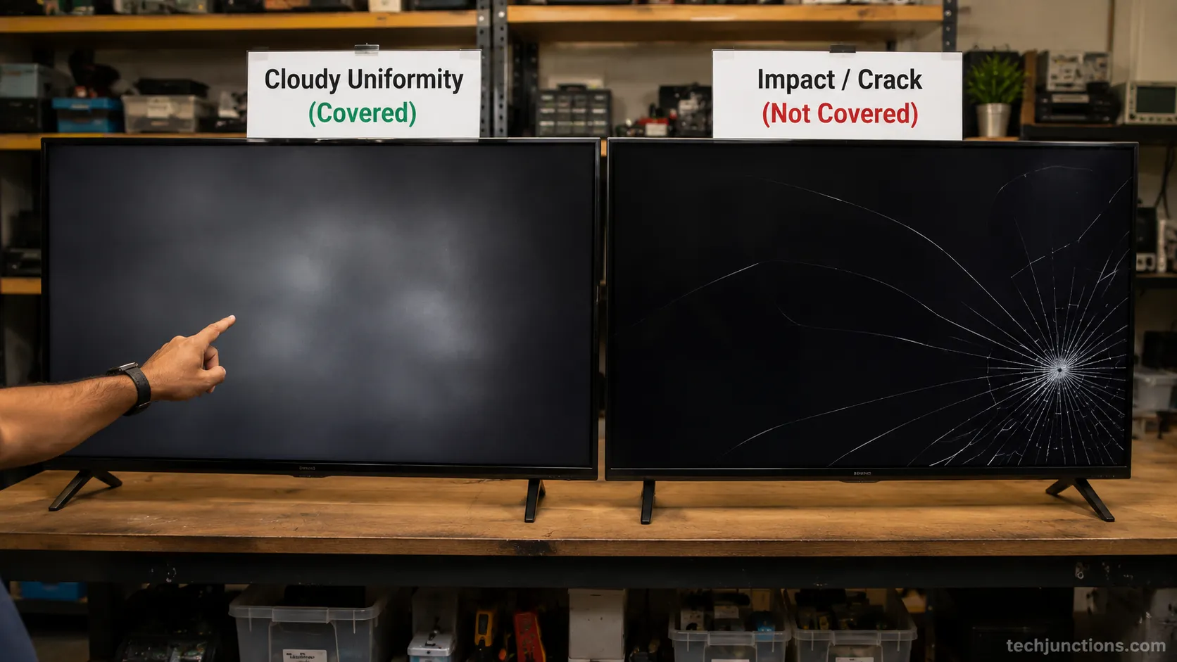 A covered panel uniformity defect beside a non-covered cracked TV screen.