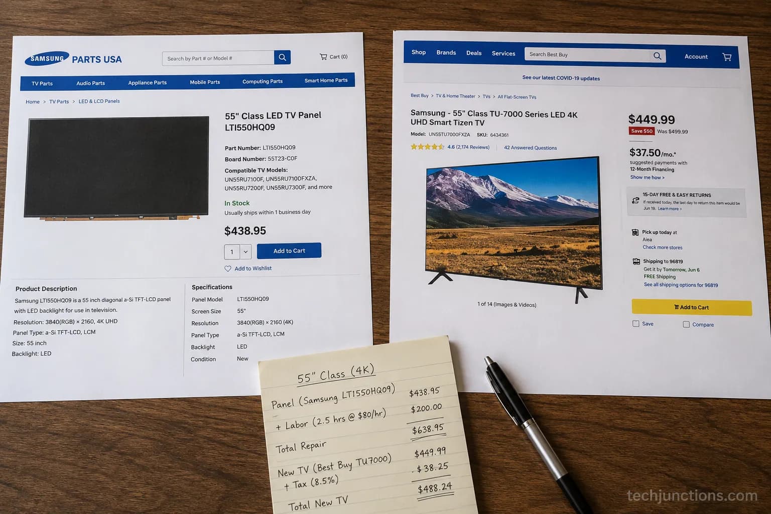 panel price screenshot beside a new tv price screenshot on a desk