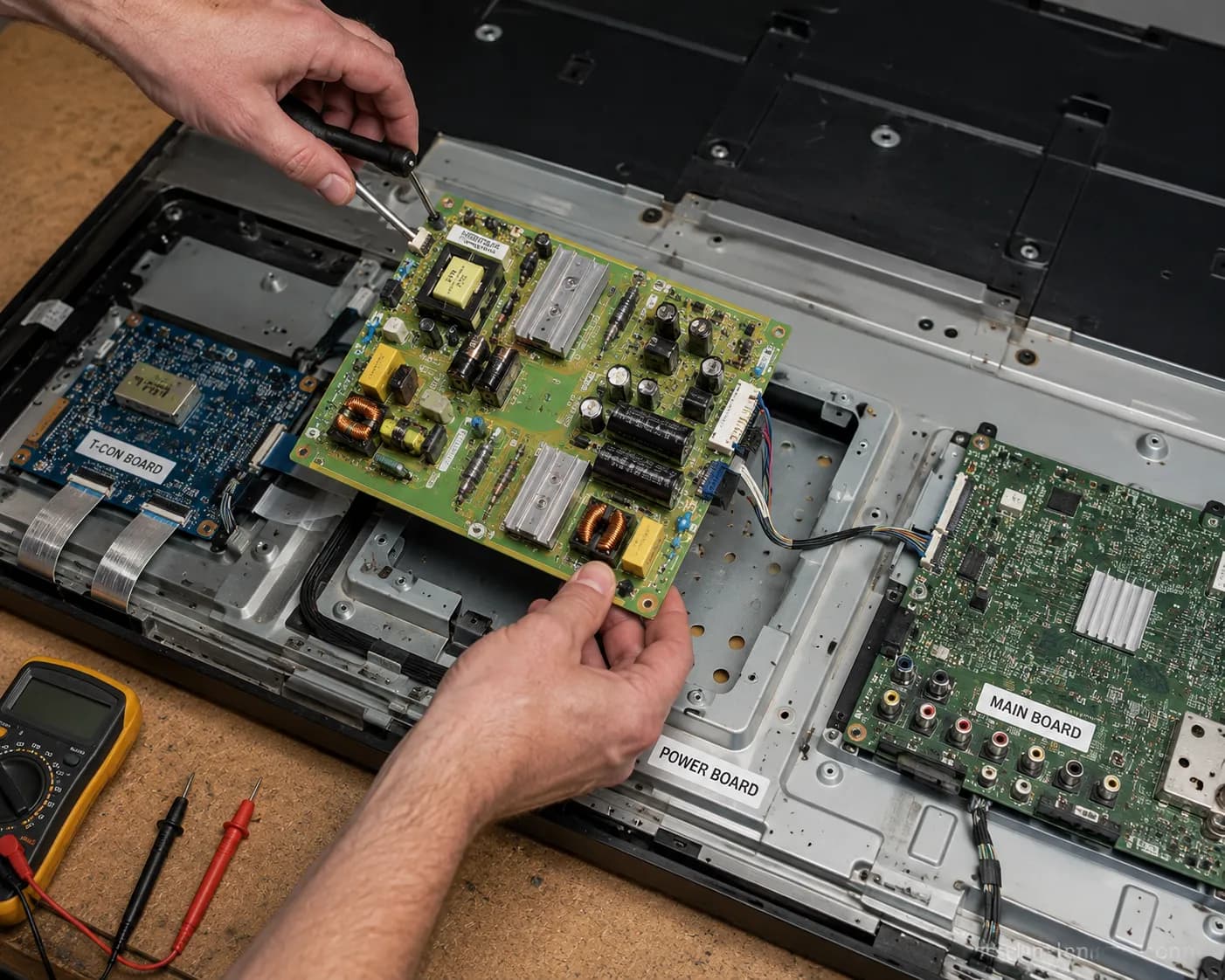 Hands removing a power supply board from an opened flat-screen TV during a part-out.
