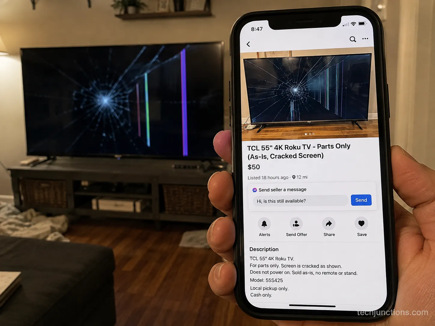 Smartphone showing a parts-only broken TV marketplace listing with the cracked set behind it.
