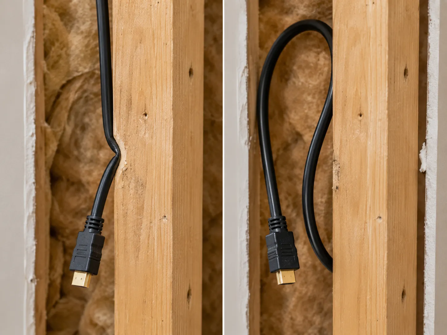 Pinched in-wall HDMI against a stud beside the corrected version with a service loop behind a Samsung TV
