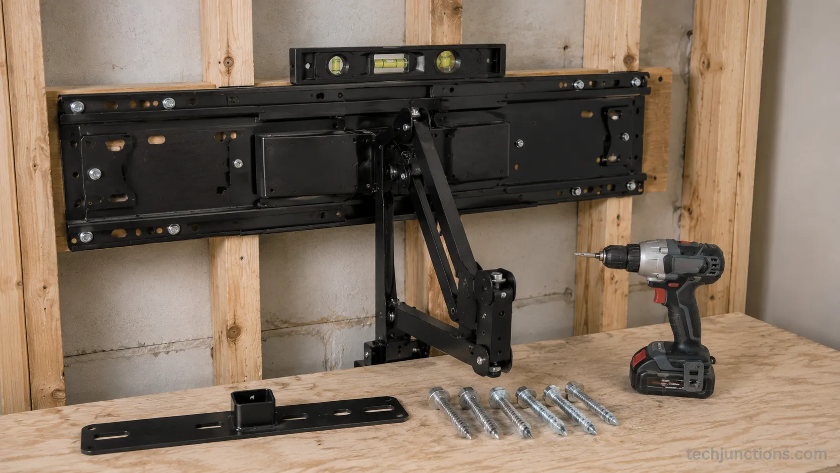Pull-down TV mount wall plate bolted across studs with masonry bolts and a level.