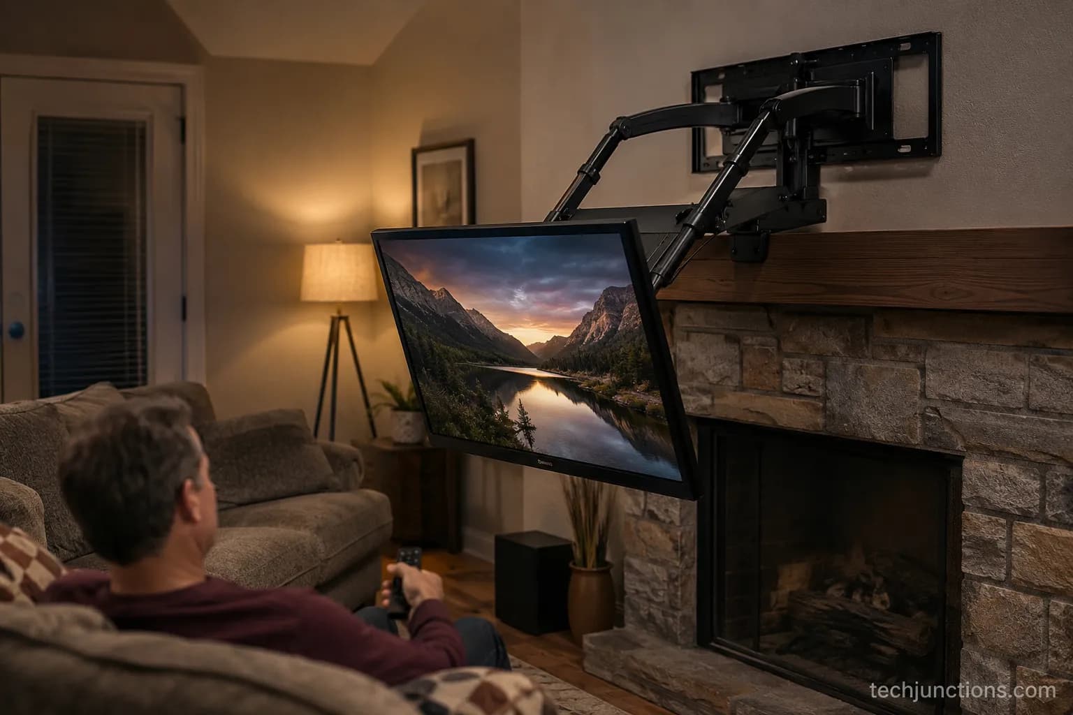 Pull-down mount lowering a TV from above a fireplace to seated eye level