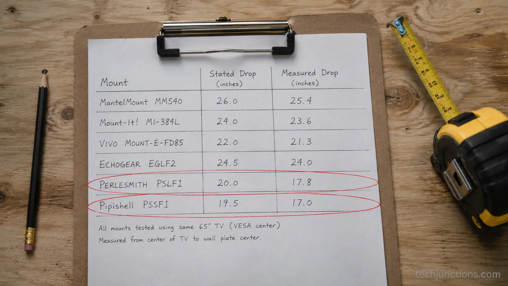 Measurement sheet comparing stated and measured drop for six fireplace mounts.