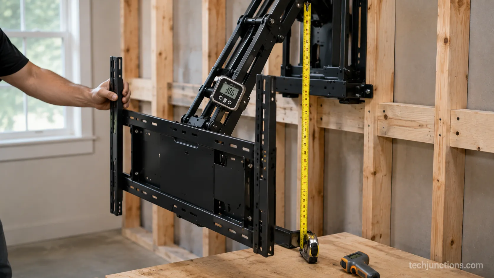 Measuring a pull-down fireplace TV mount's drop on a studded test wall.