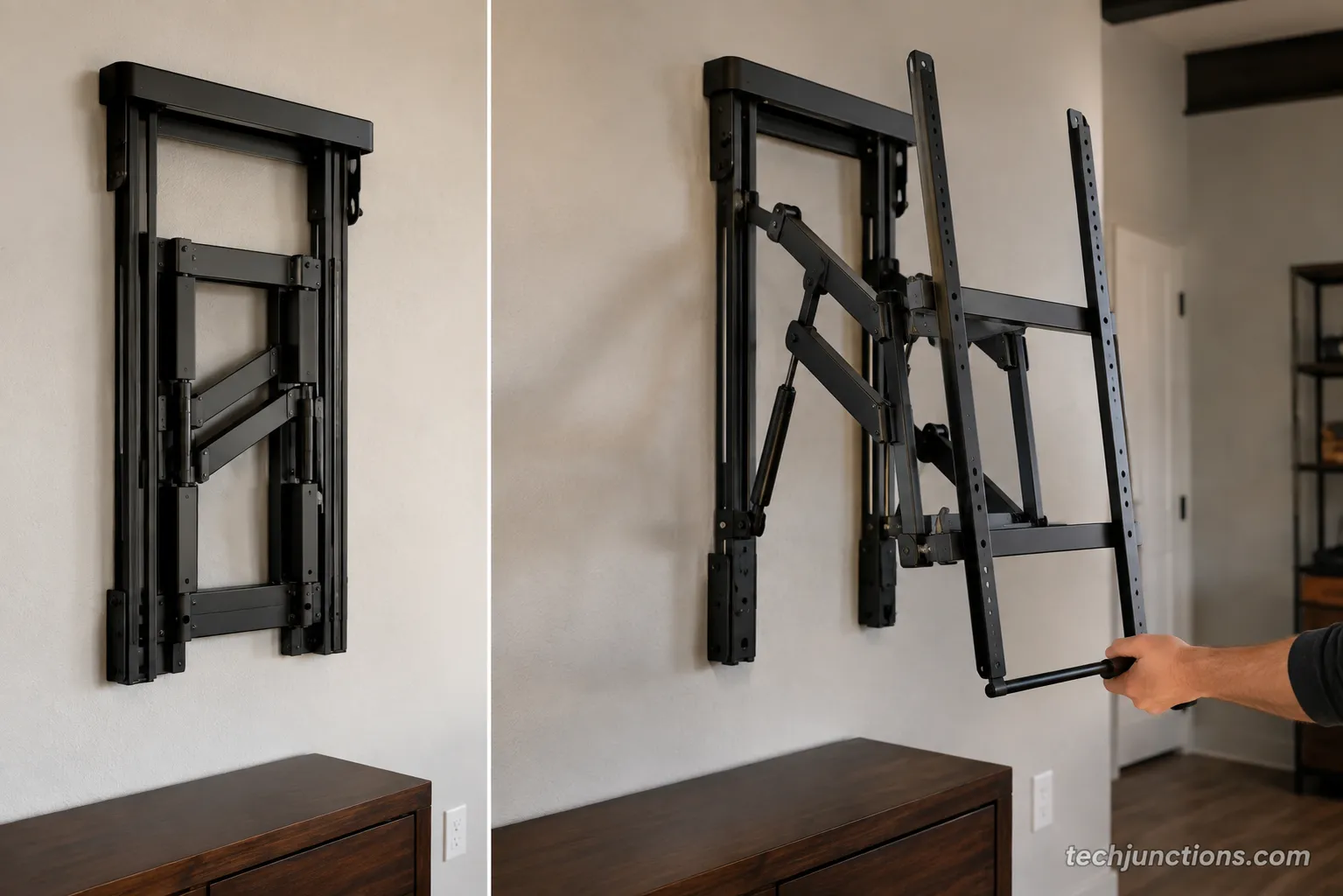 Pull down TV mount arm shown retracted and extended to eye level