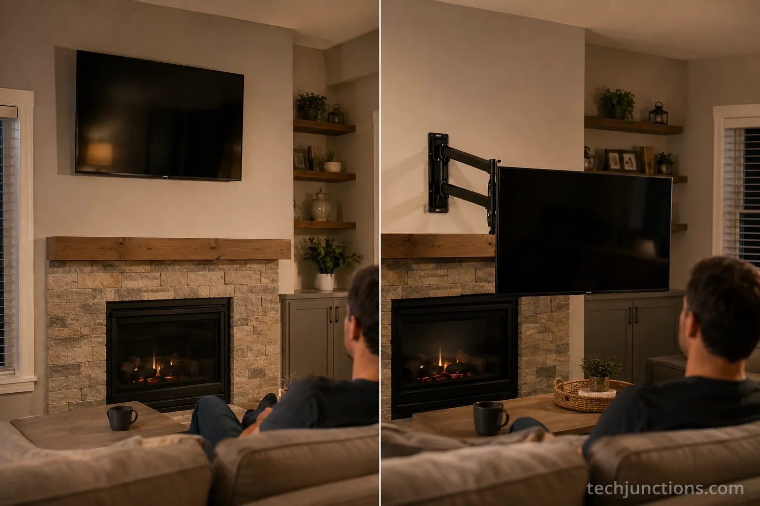 TV mounted high versus lowered to eye level with a pull down TV mount