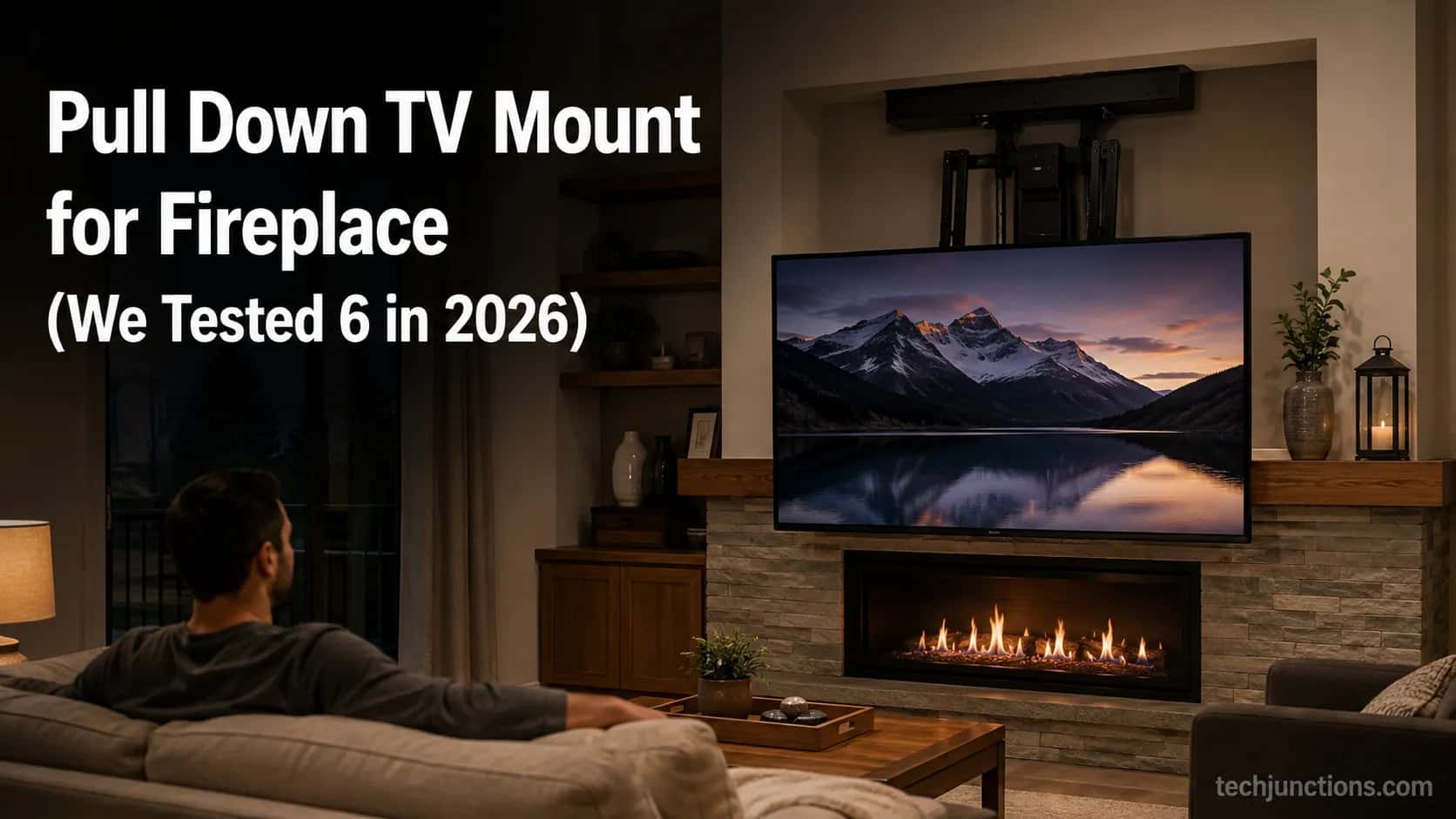 TV on a black pull-down mount lowered to eye level in front of a lit fireplace.