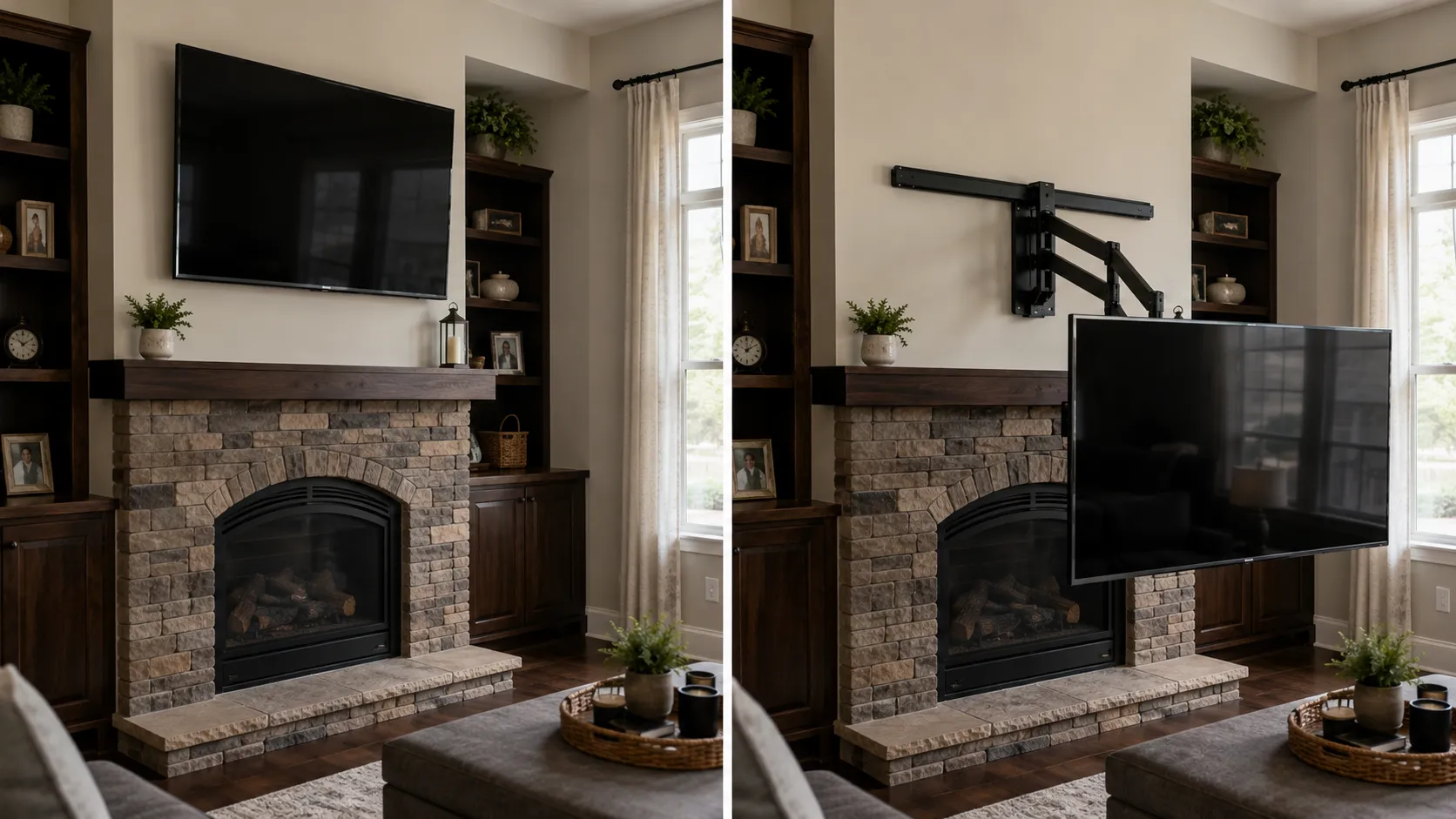Pull-down TV mount shown parked up and dropped to eye level