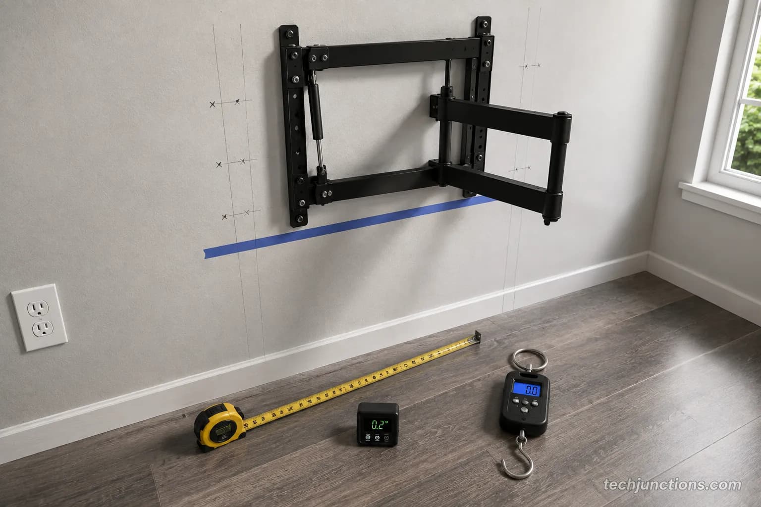 Pull down TV mount test wall with tape measure, angle gauge and scale