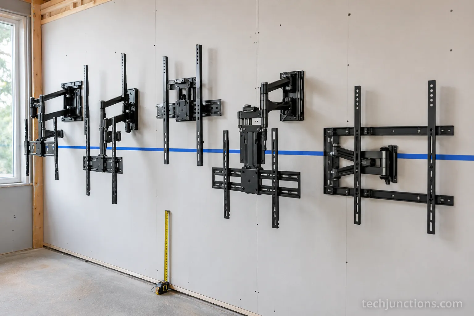 Five pull down TV mounts staged on a test wall at the 42-inch eye-level line
