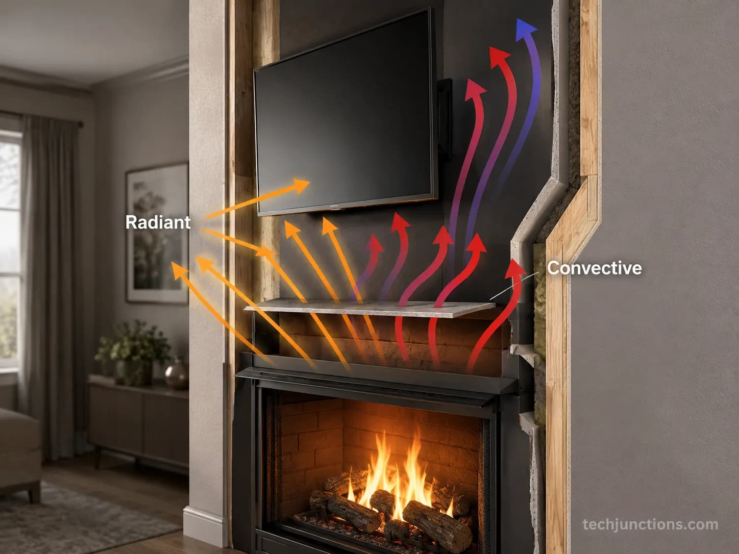 Diagram of radiant and convective heat rising from a fireplace toward a wall-mounted TV.