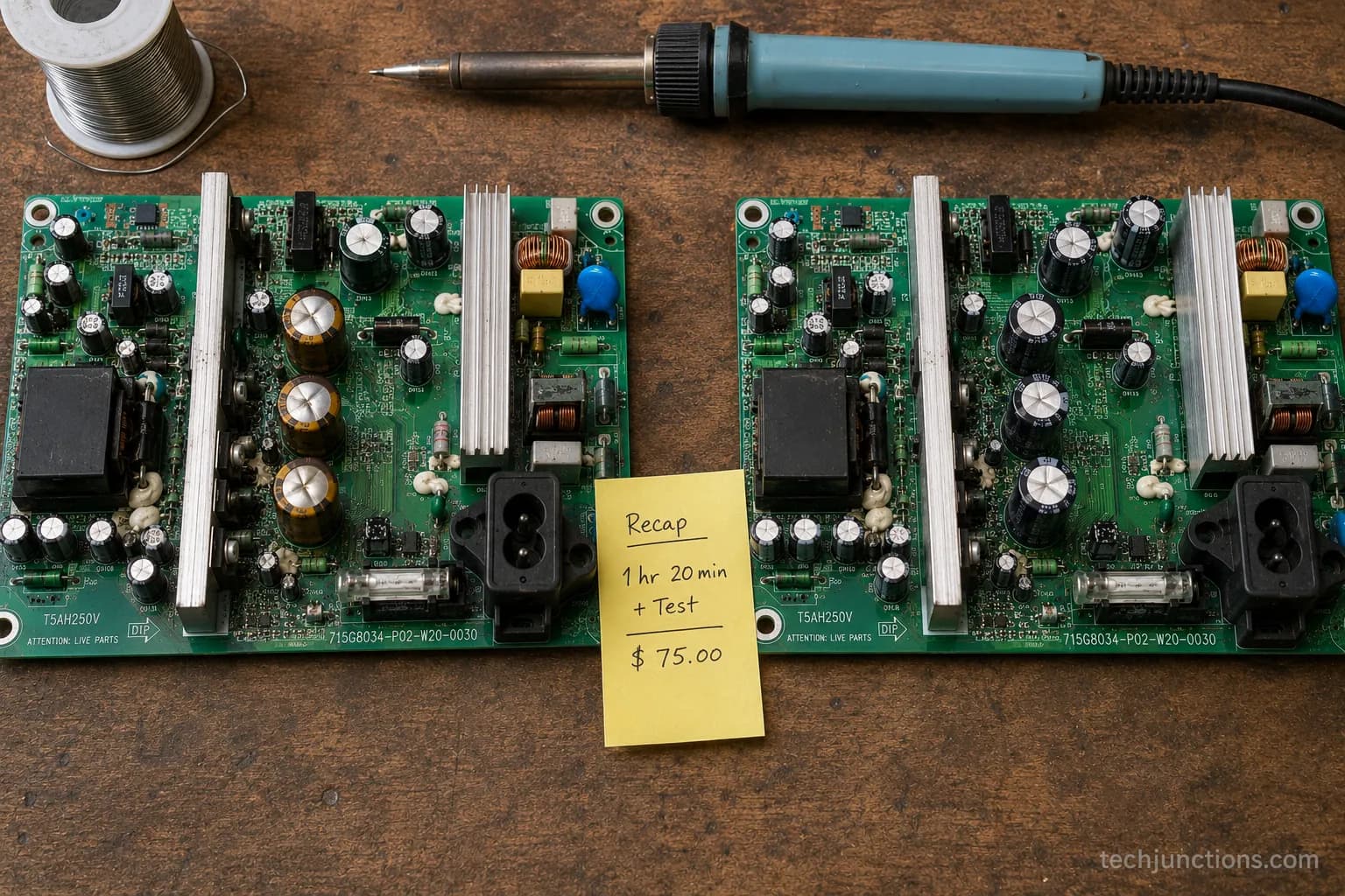 TV power supply board before and after recapping, old swollen capacitors versus new ones