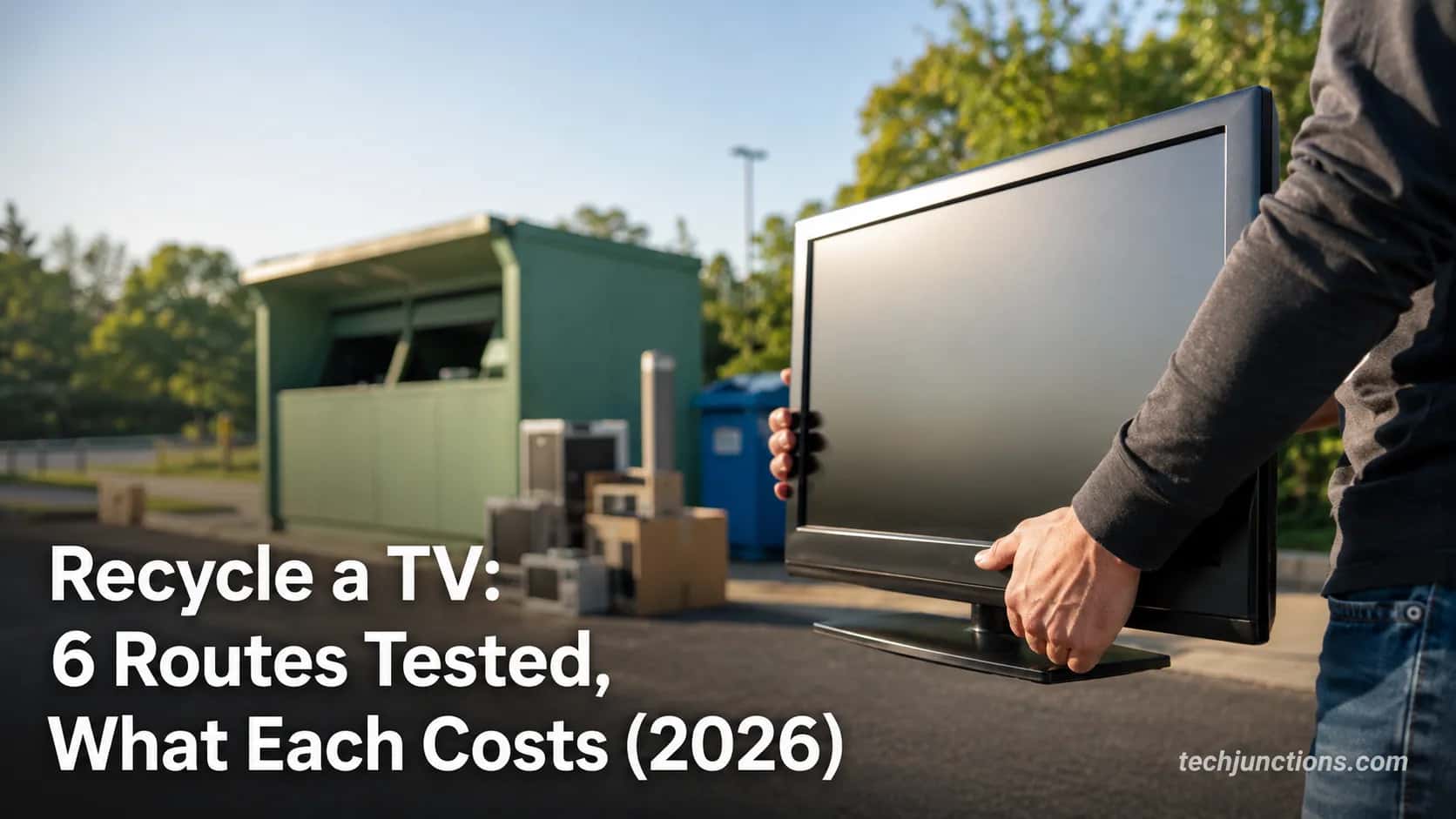 Person carrying a flat-screen TV to an outdoor electronics recycling drop-off station