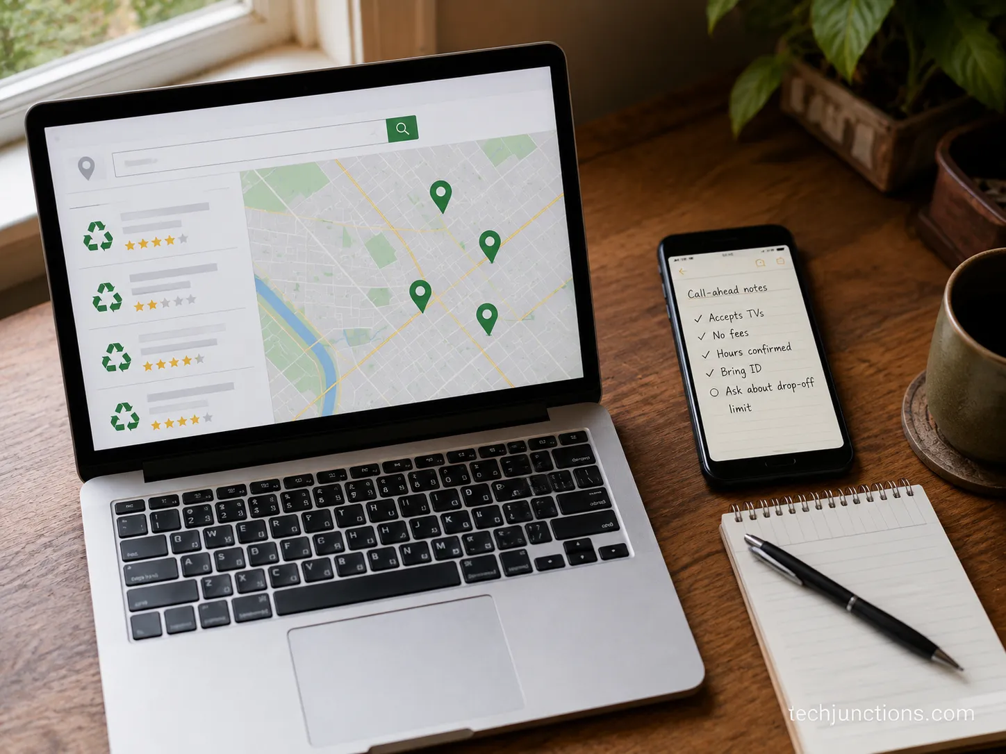 Laptop showing a recycling locator map for TV drop-off sites searched by ZIP code