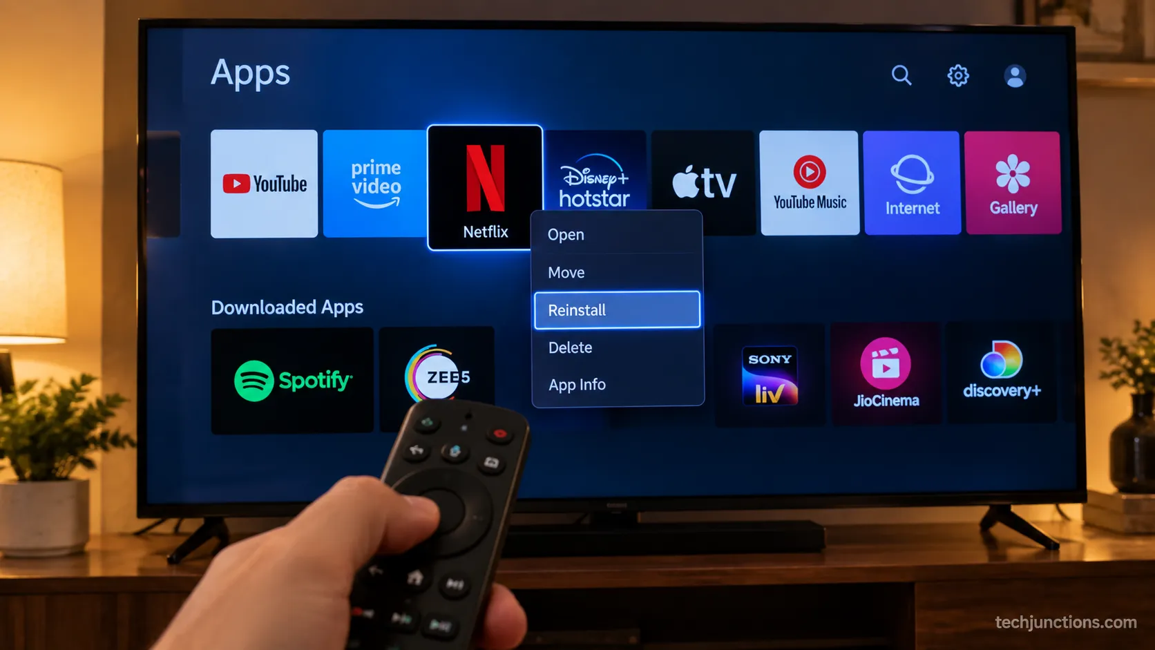 Samsung TV Apps screen with Netflix highlighted and the TOOLS menu open showing the Reinstall option.
