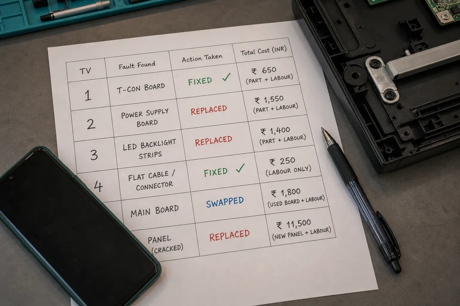 Repair-versus-replace decision card for six tested TVs.