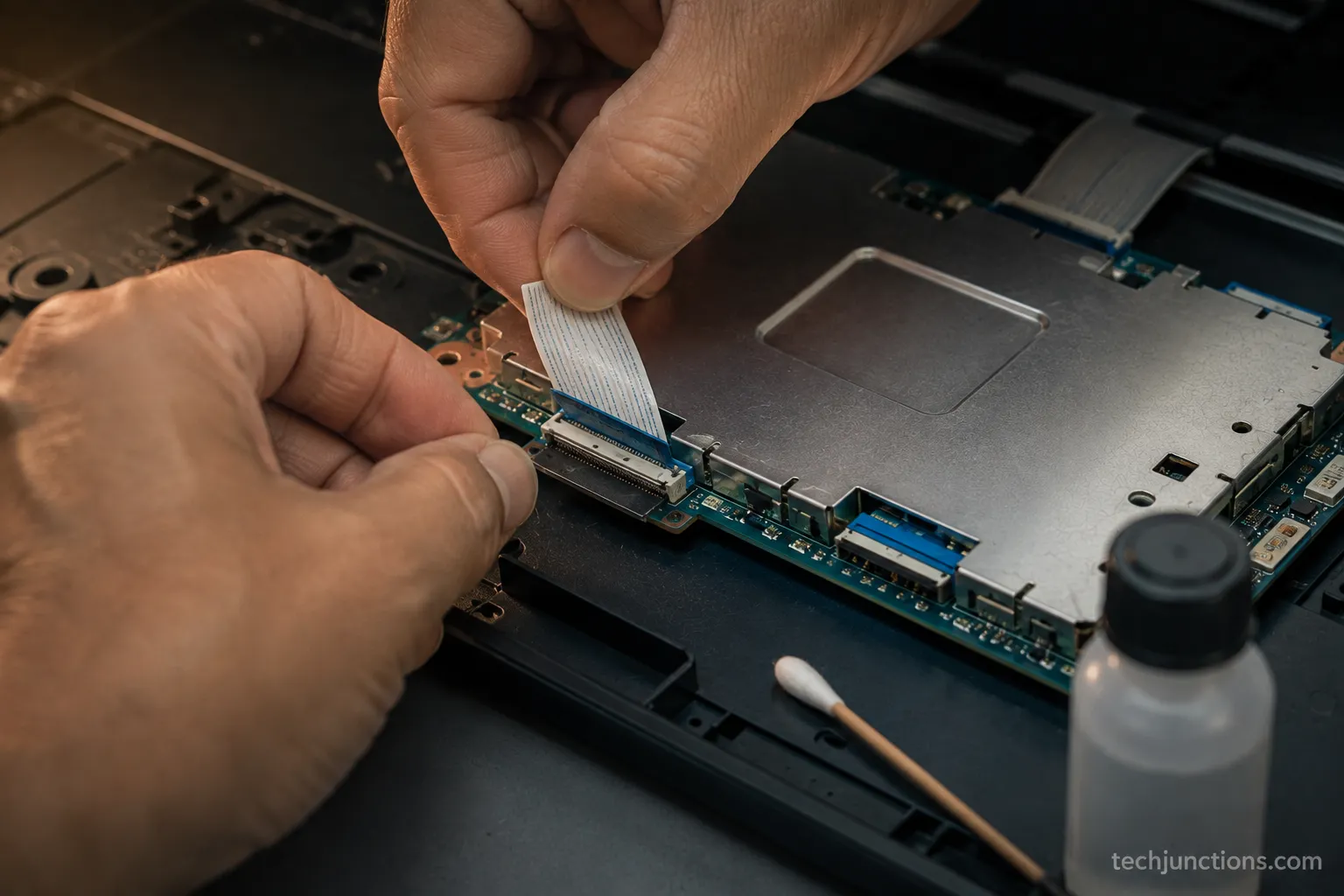 Hands reseating a ribbon cable on a TV T-Con board during the free fix.