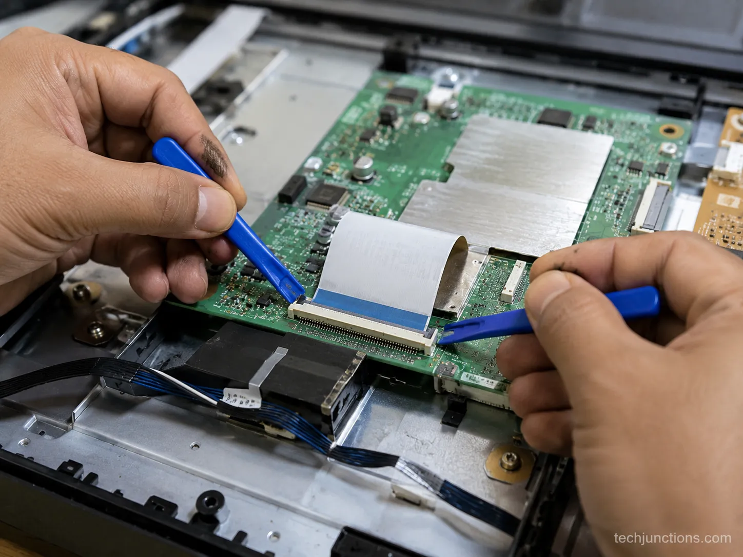 Hands reseating a flat ribbon cable inside an opened LED TV before replacing a board.