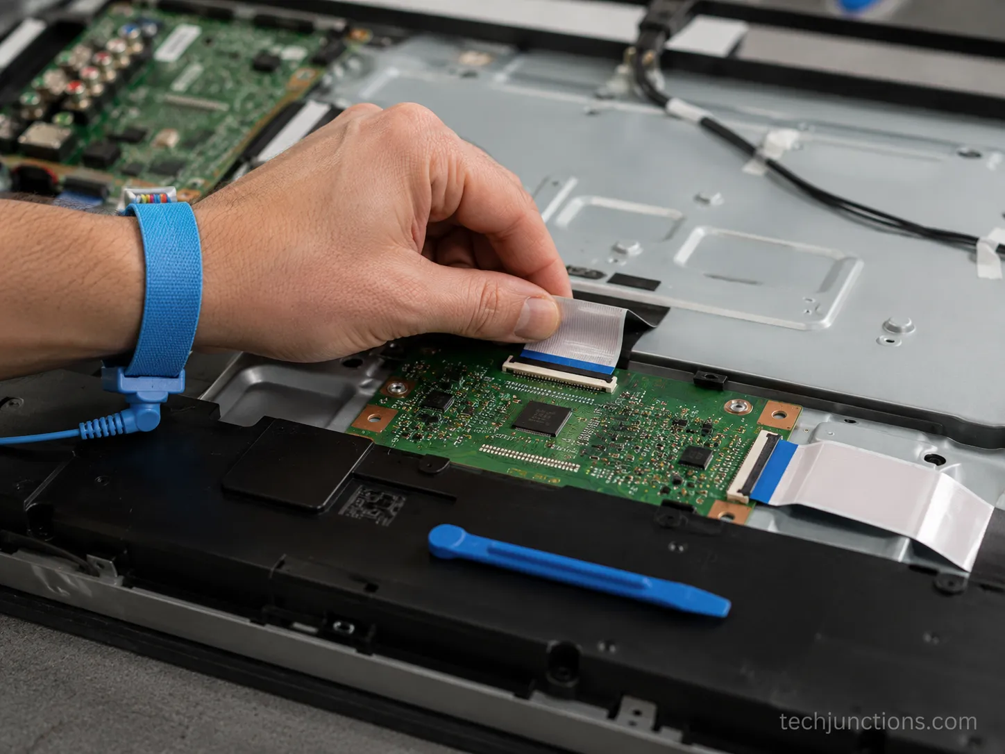 A hand reseating a T-Con ribbon cable inside the open back of a flat-screen TV during a repair.