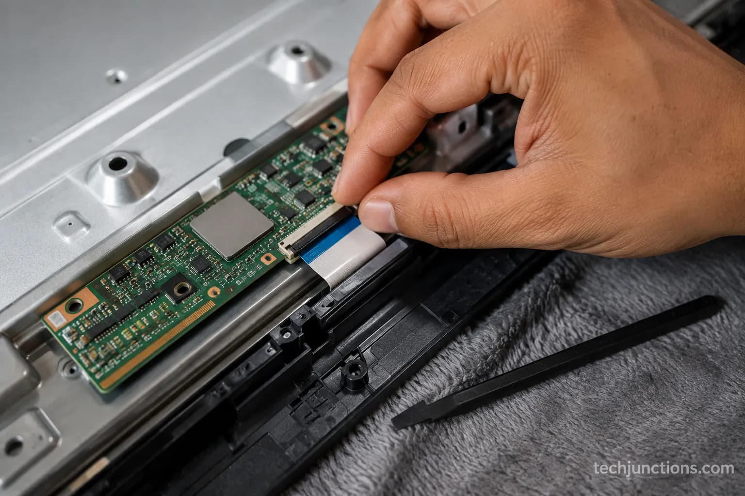 Technician's hand releasing a T-con ribbon cable latch inside an opened TV to reseat the connector.