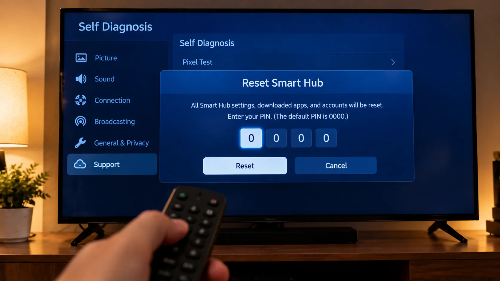 Samsung TV Reset Smart Hub confirmation screen with a PIN field during a platform-wide Netflix fix.