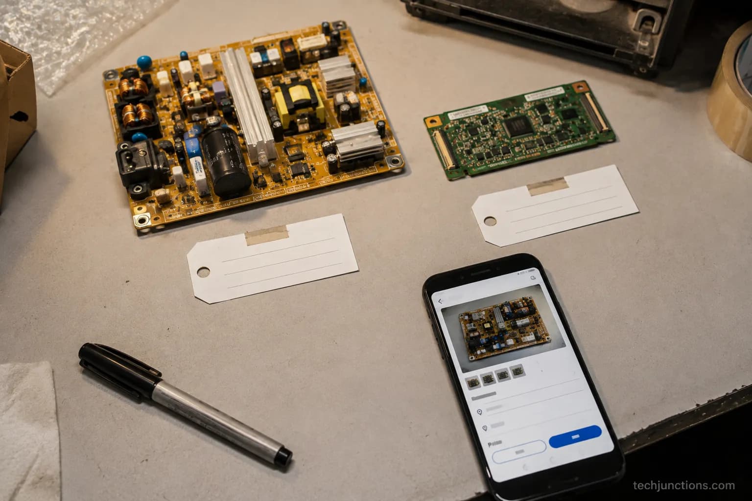 Salvaged television power and T-Con boards on a bench beside a phone showing a marketplace listing draft.