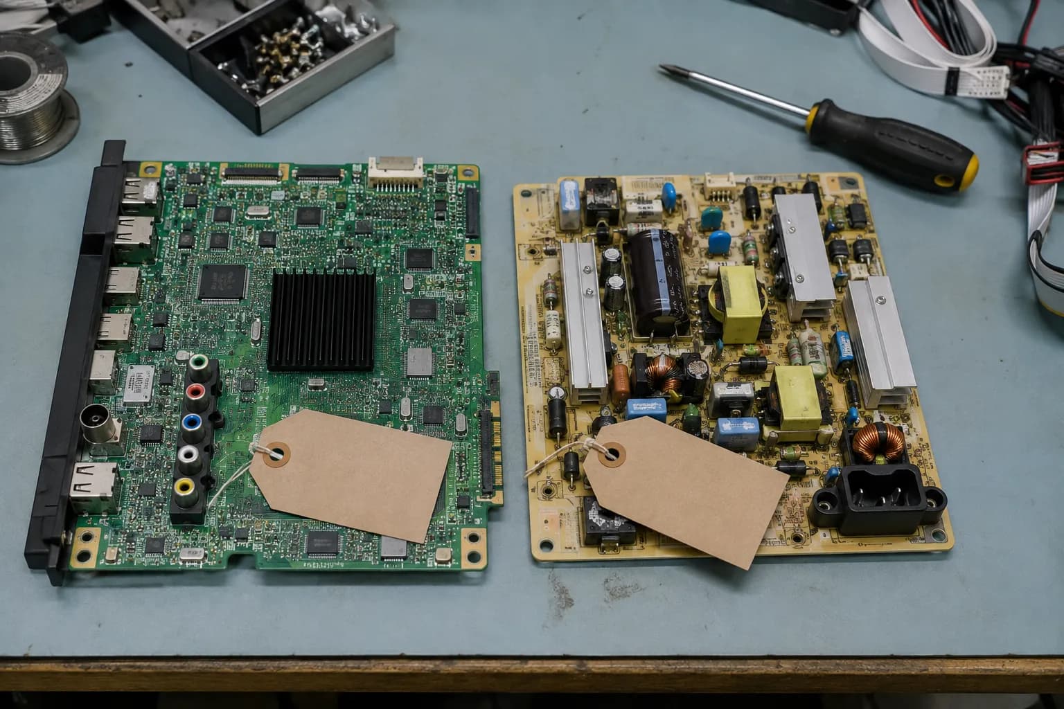 Salvaged TV power and main boards laid out on a bench with blank price tags.