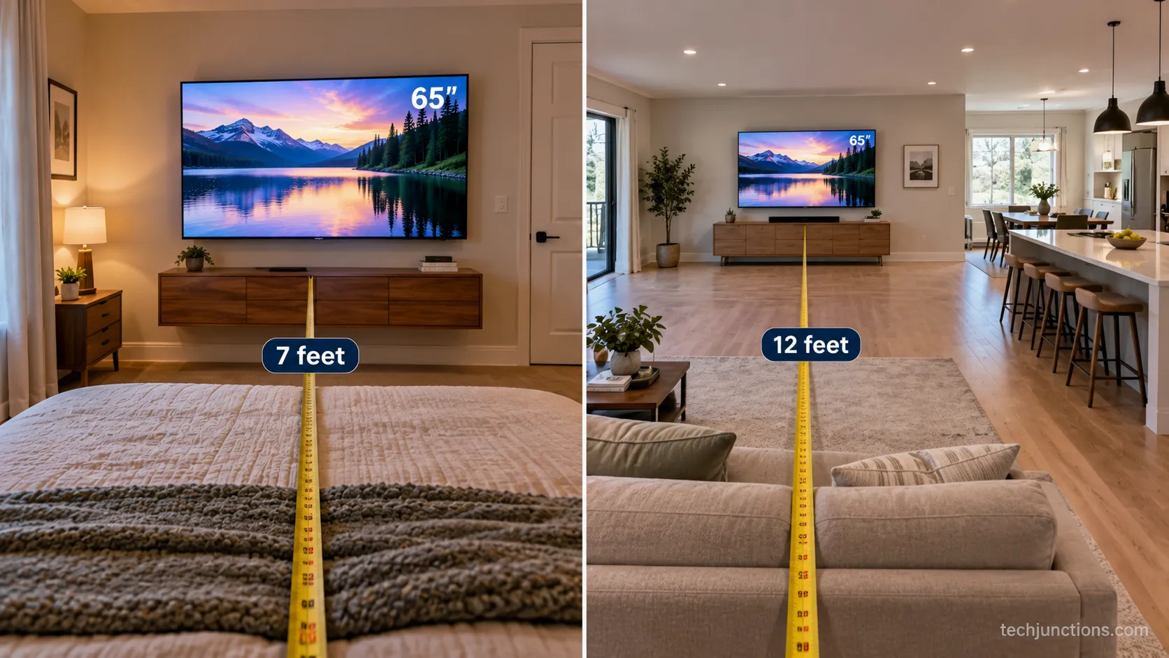 A 65-inch TV at two tv viewing distances, close in a bedroom and far in an open-plan room.