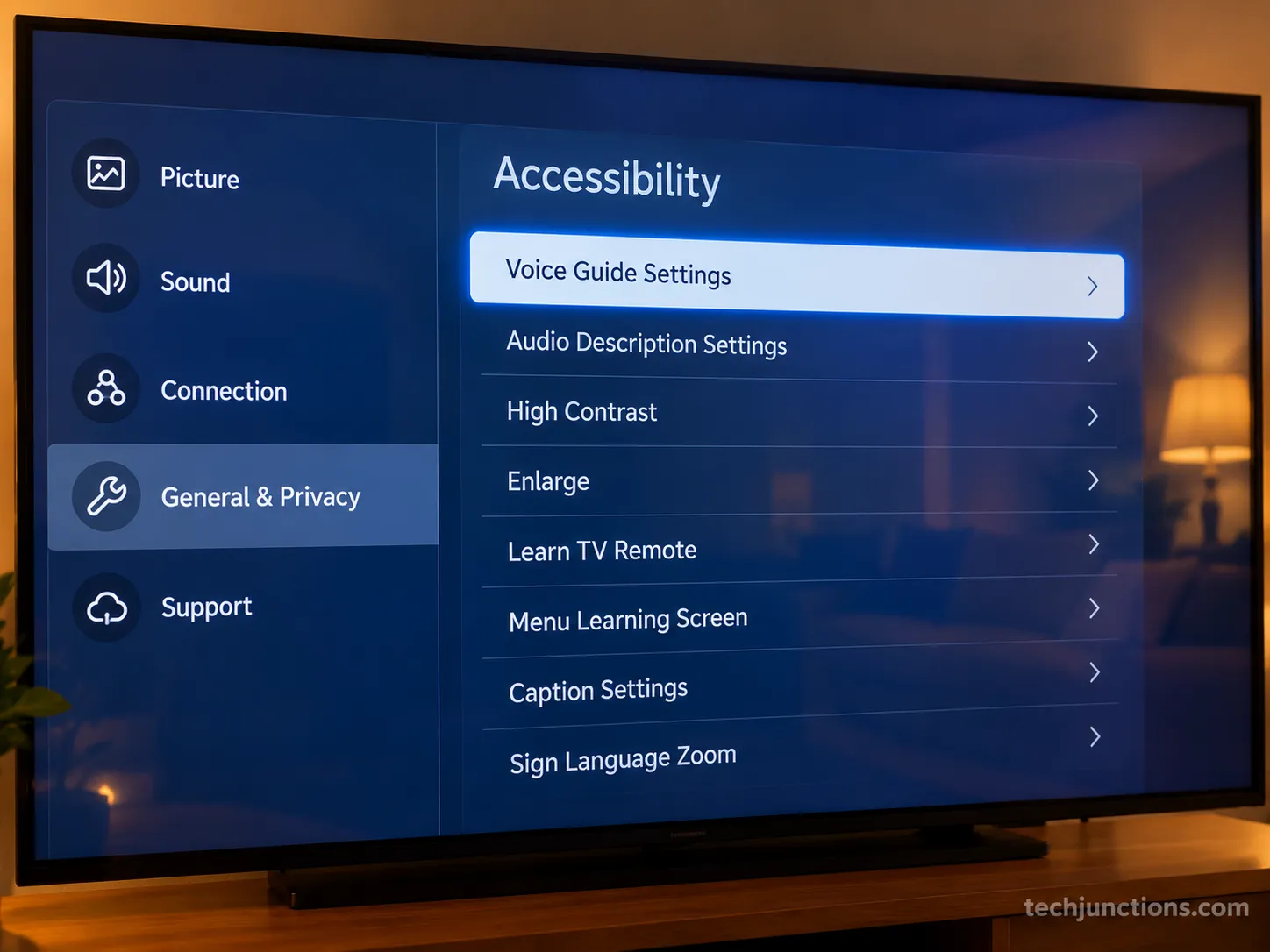 Samsung 2021 model Accessibility menu showing Voice Guide Settings under General and Privacy.