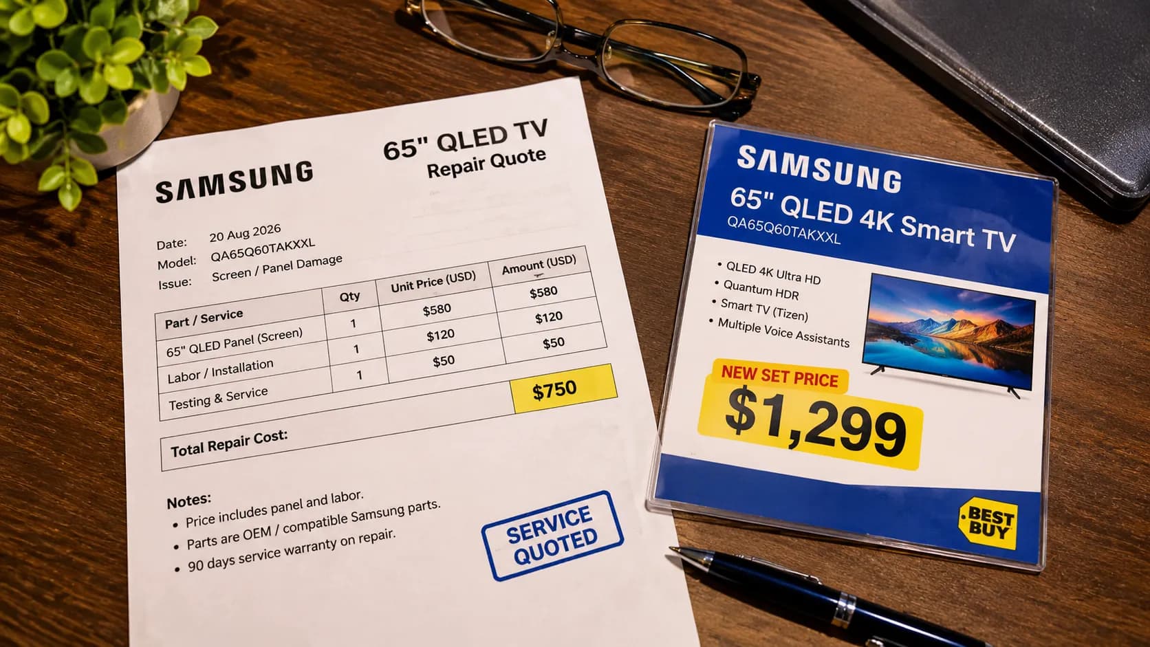 Samsung 65-inch QLED panel repair quote next to a new TV price.