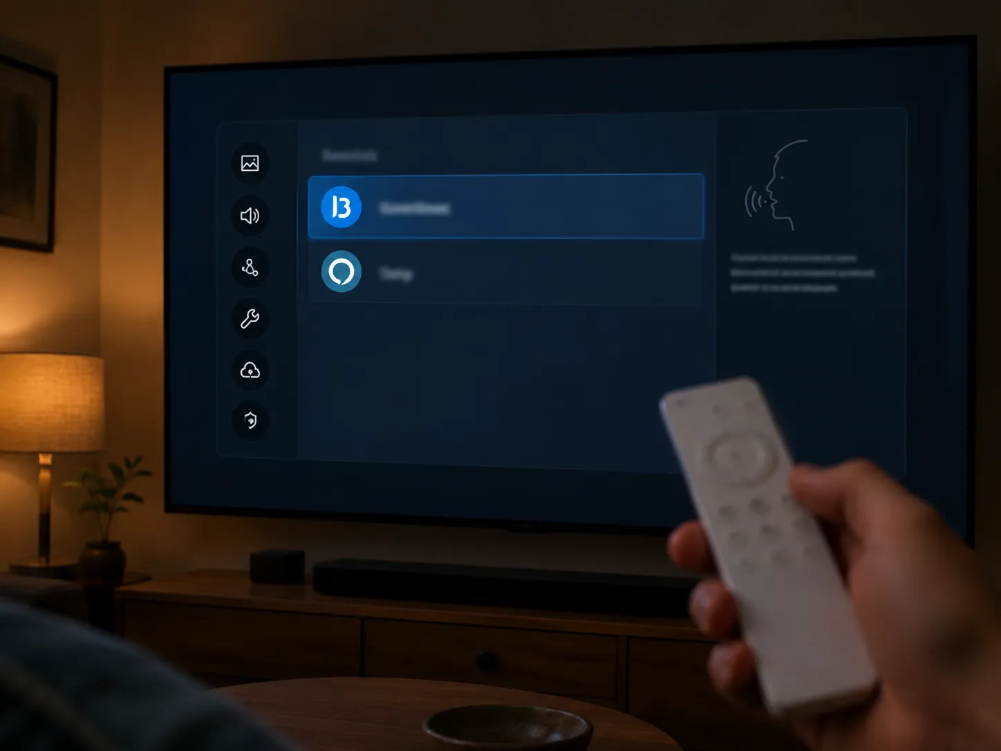 Samsung Q60A TV voice assistant settings screen showing available voice assistant options with Bixby and Alexa, while Google Assistant is absent, viewed from a living room with a remote in hand.