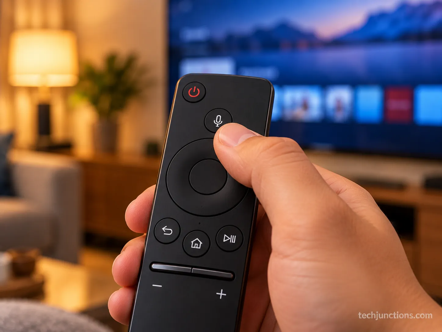 Pressing the microphone button on a Samsung Smart Remote to give a voice command.