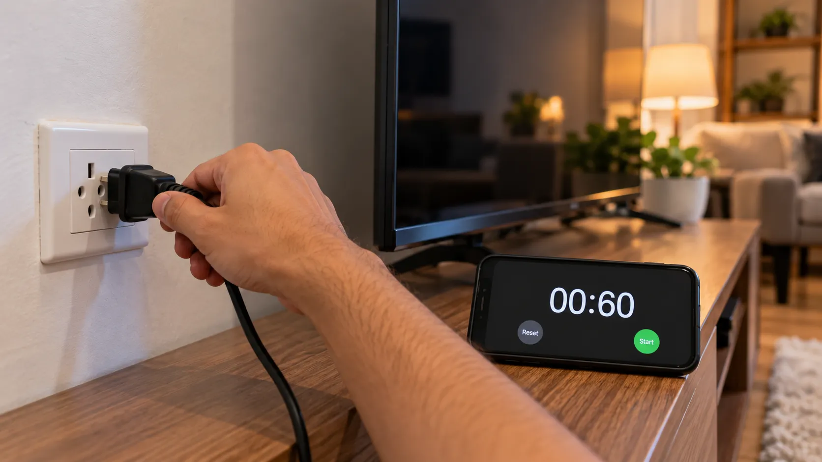 Hand unplugging a Samsung TV power cable while a phone shows a 60-second stopwatch during a power-off reset.