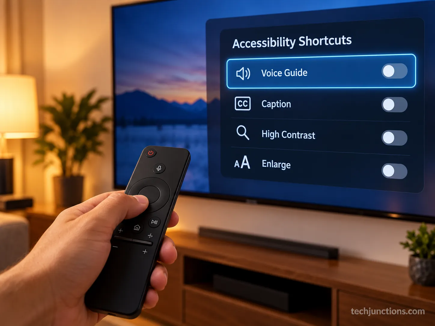Samsung TV Accessibility Shortcuts panel with the Voice Guide option highlighted, opened using the remote.