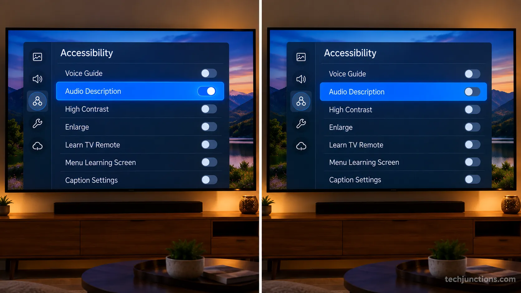 Samsung TV Audio Description setting shown On then Off in the Accessibility menu.