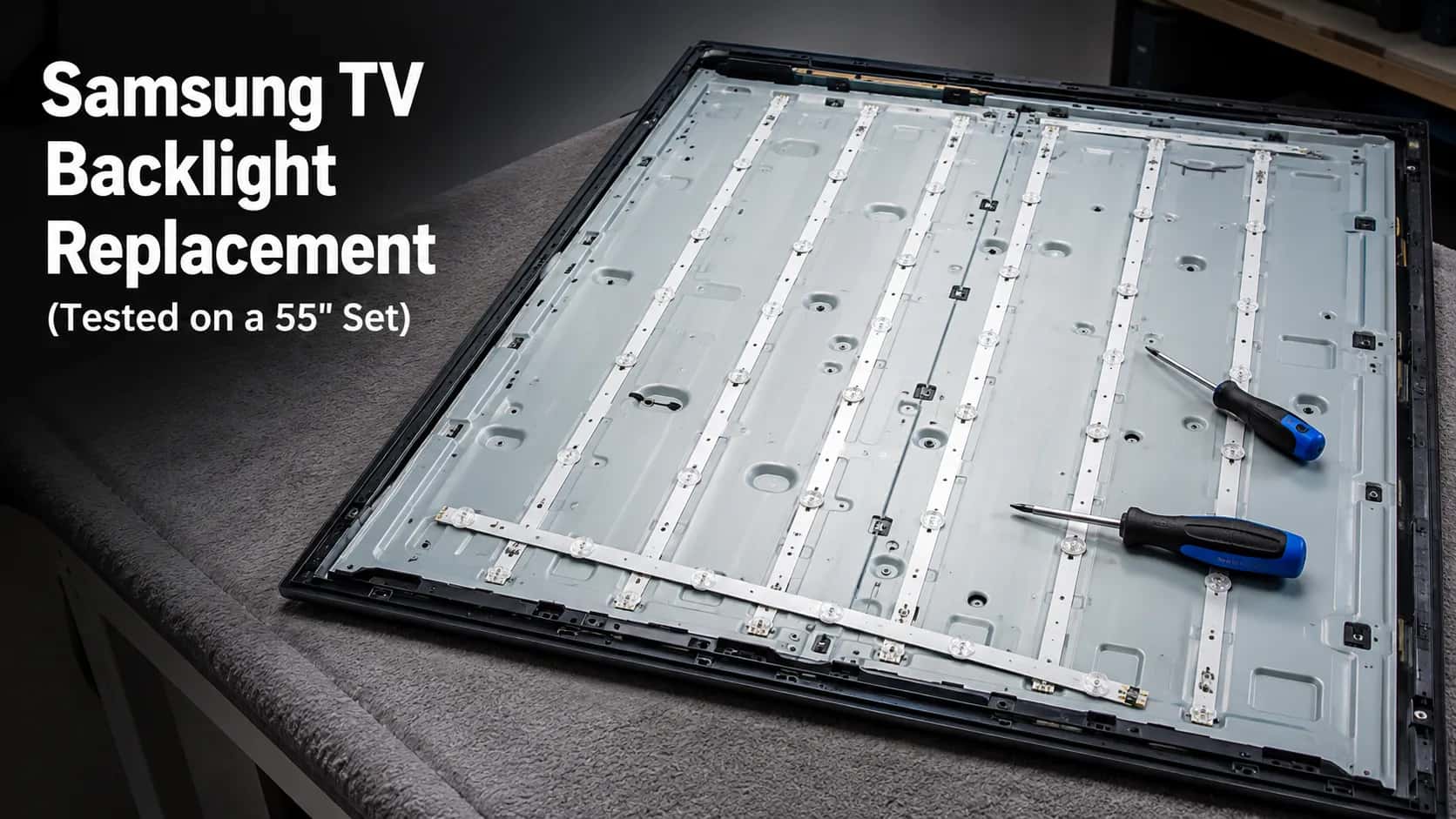 Opened 55-inch Samsung TV showing exposed LED backlight strips on a repair bench with replacement LED strip and screwdrivers during a TV backlight replacement repair.