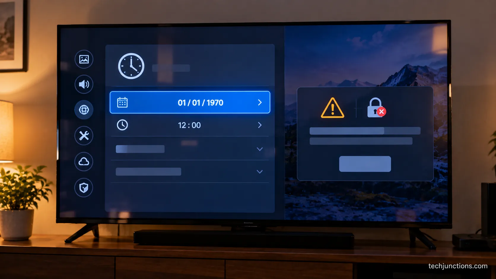 Samsung TV with a wrong clock causing a certificate error that blocks the internet.