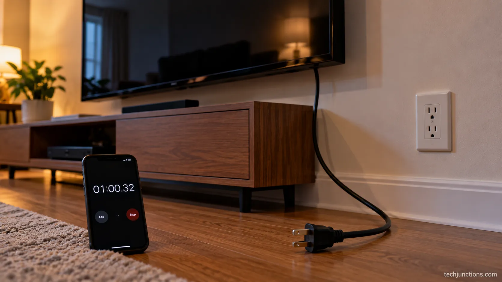 Samsung TV unplugged at the wall with a phone timer running during a cold power-off Netflix reset.